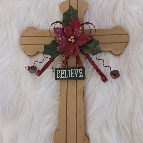 Wooden Cross with Metal Poinsettia Design - Picture 1 of 5